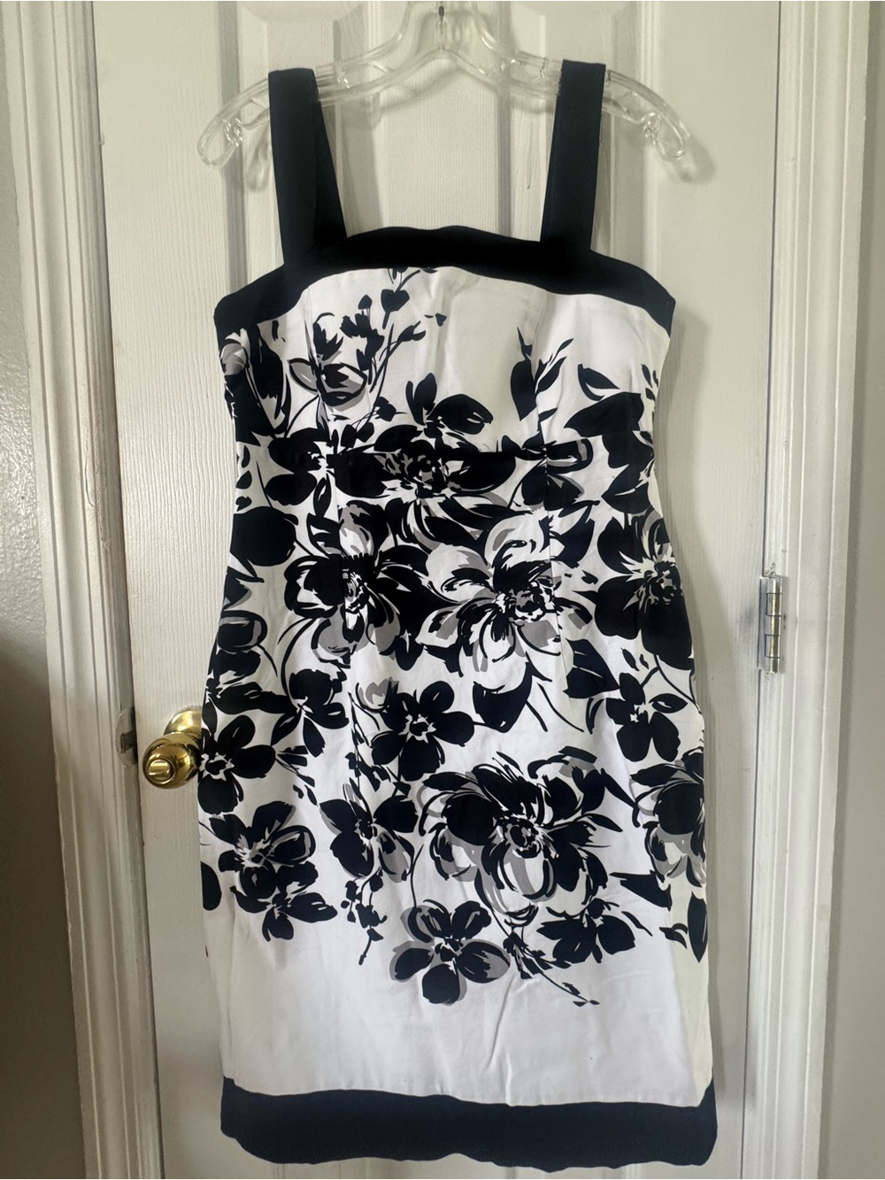 Black & White Floral Midi Dress with Square Neck